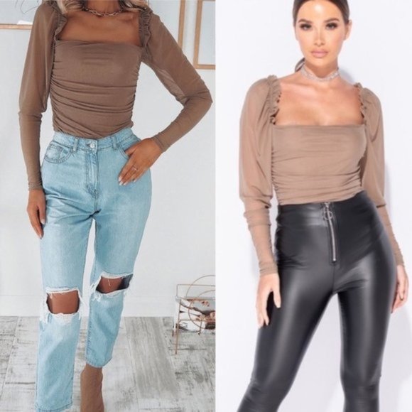 Mirabella Mocha Ruffle Mesh Sleeve Bodysuit - Picture 9 of 9